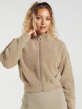 GYMSHARK x WHITNEY SIMMONS  EYELASH KNIT JACKET Brown/Taupe Size Small- Used